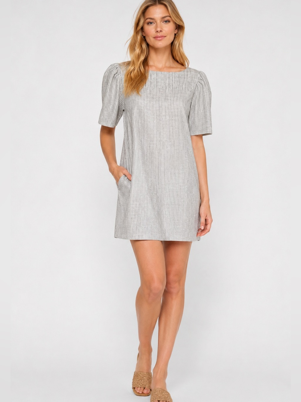 NWT Gap Gray & White Stripe Cotton Shift Dress Puff Sleeve Mini Casual Summer